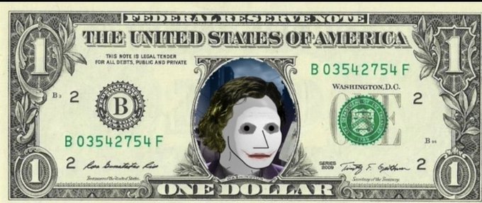 A $1 Federal Reserve Note features a drawing of the Joker superimposed over the portrait, with the text "$NPC" also visible. This image directly relates to the post's mention of "$NPC" and the idea of "OGs" recognizing a meme or symbol.