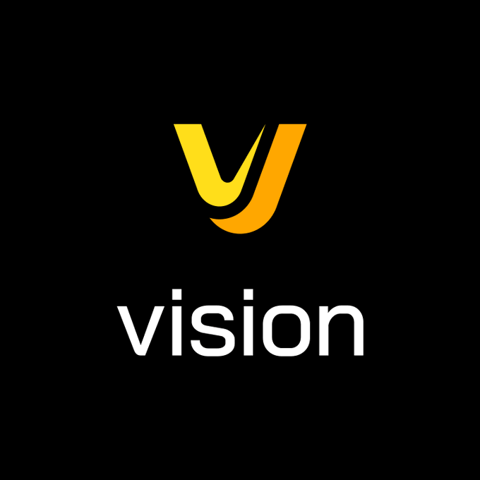 A logo featuring a stylized yellow and orange 'V' or 'y' symbol above the white word 'vision' on a black background.