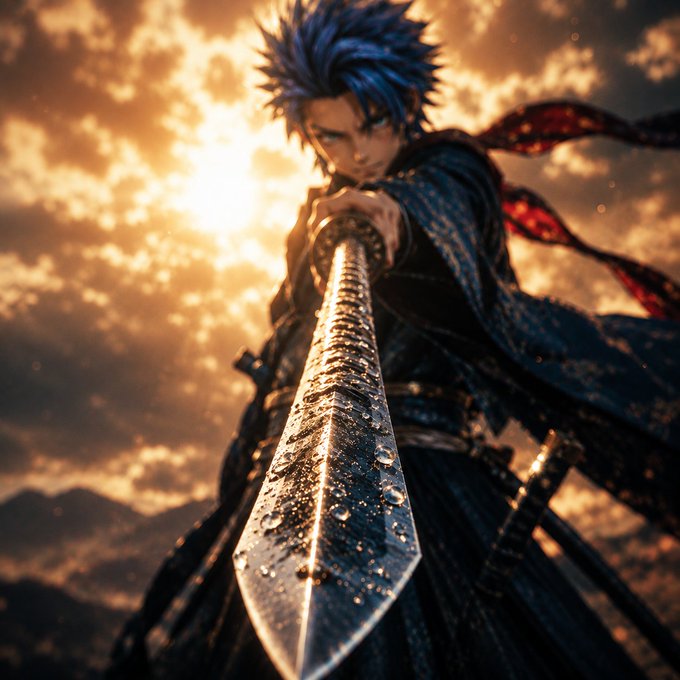 A dramatic digital artwork of a blue-haired anime-style warrior wielding a large, weathered katana, set against a golden sunset sky with flowing red fabric details.