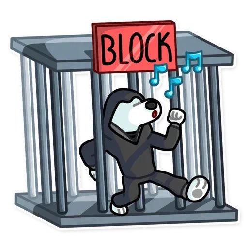 A cartoon black-and-white dog in a hooded outfit sings happily inside a jail cell beneath a red "BLOCK" sign, with blue musical notes floating from its mouth—visually representing how blocked content still finds ways to express itself, echoing the post's defiant message of resisting censorship.