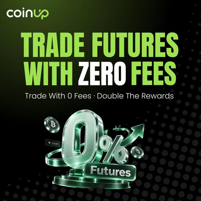 A CoinUp promotional graphic advertising 'TRADE FUTURES WITH ZERO FEES' featuring a 3D green '0% Futures' design with cryptocurrency coins.