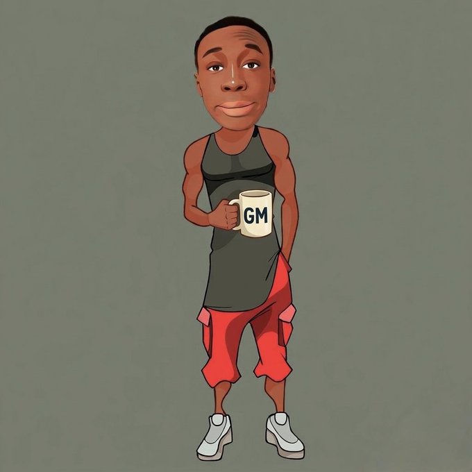 The image features a cartoon character standing against a gray background with a cup of coffee in their hand. The character has a serious expression as they hold the coffee, which appears to be a GM (Good Morning) mug. The cartoon character's stance and facial expression convey a sense of determination or seriousness, possibly related to their daily routine or work habits. The image seems to focus on the importance of consistency and healthy routines in one's life, as suggested by the post about the GM ecosystem.