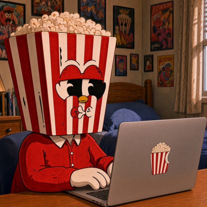 A cartoon illustration of a person with a popcorn bucket for a head and a popcorn sticker on their laptop, sitting in a bedroom with vintage movie posters on the walls.