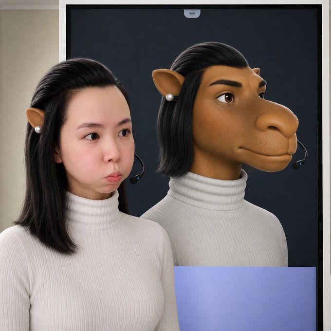 A woman wearing a headset stands next to a screen displaying an anthropomorphic camel character, both dressed in matching cream turtlenecks.