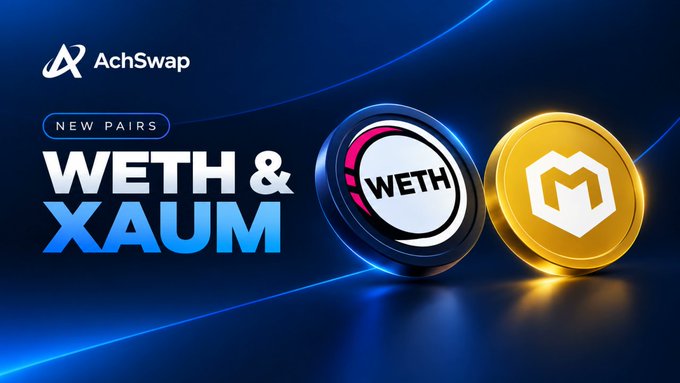 The promotional image features the AchSwap logo alongside bold text announcing "NEW PAIRS WETH & XAUM," accompanied by 3D-rendered coins representing Wrapped Ether (WETH) and the gold-backed XAUM token, visually highlighting the platform's latest trading additions on the Arc network.