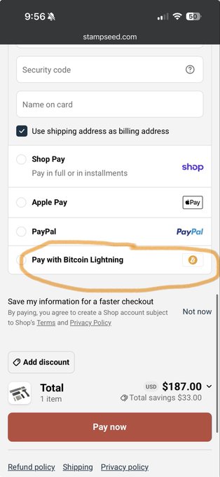The image shows a phone screen displaying an online shopping cart for Bitcoin, which has been selected as payment method. The text "Pay with Bitcoin Lightning" is highlighted in orange next to the Bitcoin icon. This indicates that the user has chosen to pay using Bitcoin instead of traditional methods like credit cards or PayPal.