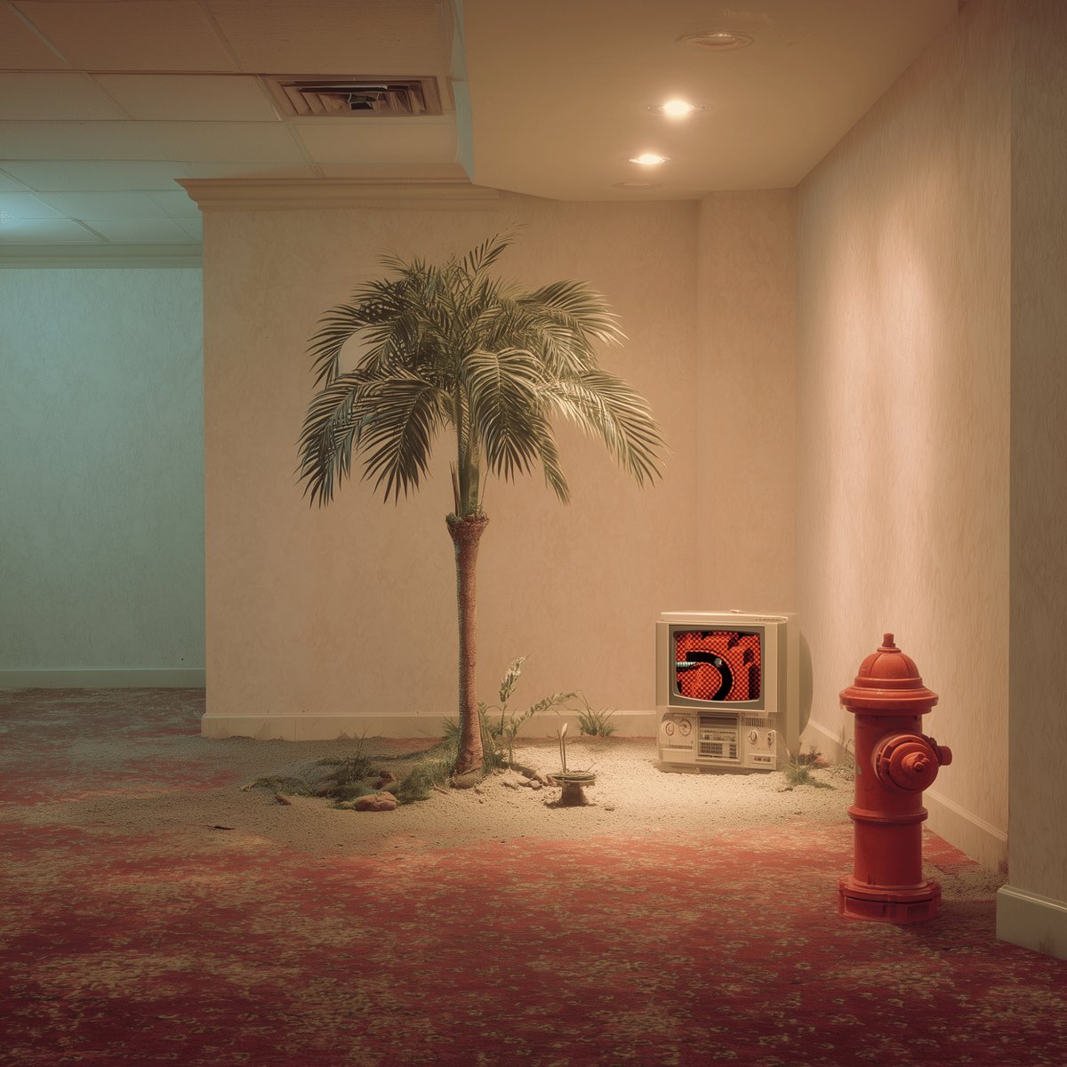 The image shows a small room with a red fire hydrant, an old television set, and a palm tree. There are also some rocks scattered around the area. The room appears to be empty or abandoned, as there are no people present. The presence of the fire hydrant suggests that it might be located in a public space like a park or a street corner. The image seems to be related to an advertisement for mints, with the phrase "A little less than 1 day left to mint!".