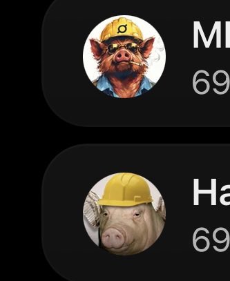 A dark-themed contact list shows profile pictures of animals wearing hard hats—a pig and a dog—with names and numbers starting with '69' partially visible.
