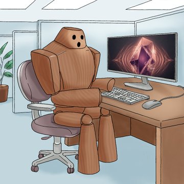 A cartoon illustration of a wooden blocky humanoid figure sitting at a desk using a computer displaying a purple and orange logo.