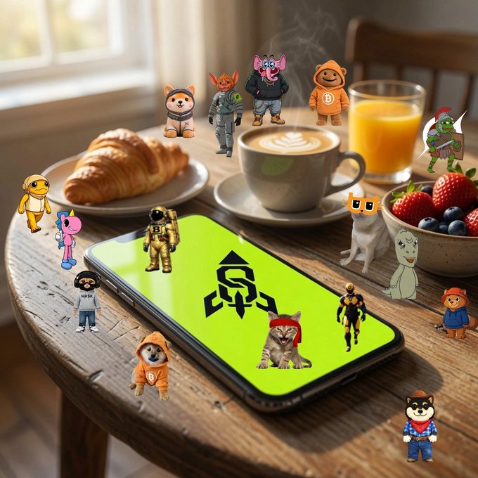 A smartphone displays the $MANYU logo on a green screen, surrounded by various cartoon characters and pets enjoying a breakfast of croissants, coffee, orange juice, and fresh berries on a wooden table, capturing the playful "LFG $MANYU!! Let's Eat!!" energy.