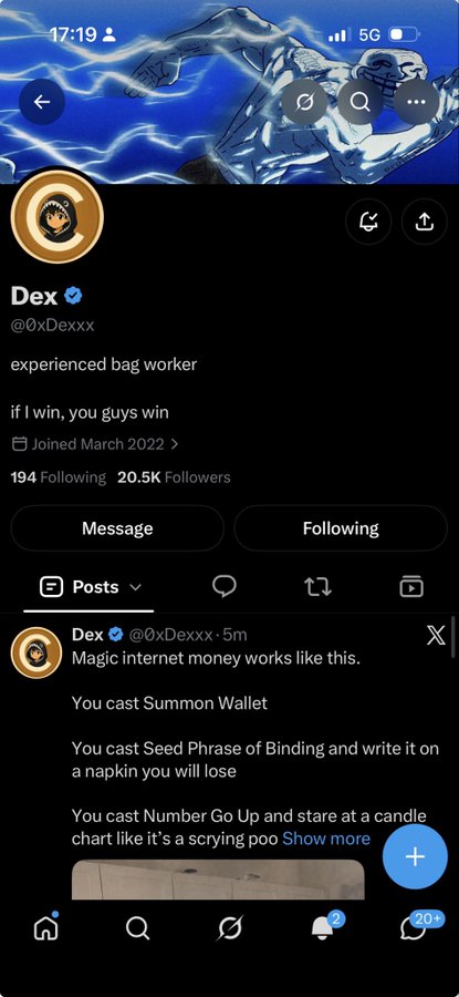 The image shows a Twitter (X) profile of user "Dex" (@0xDexxx), a verified account with 20.5K followers, whose bio reads "experienced bag worker" and "if I win, you guys win." The most recent post humorously explains crypto as "Magic internet money" by describing casting a "Summon Wallet," "Seed Phrase of Binding" written on a napkin, and a "Number Go Up" candle chart spell — fitting the context of a crypto flash giveaway announcement.