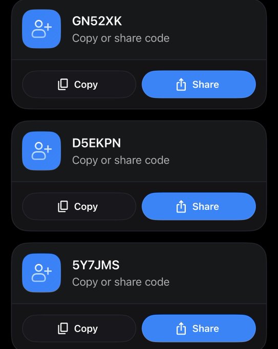 A mobile app interface displays three referral or invite codes (GN52XK, D5EKPN, 5Y7JMS), each with 'Copy' and 'Share' buttons.