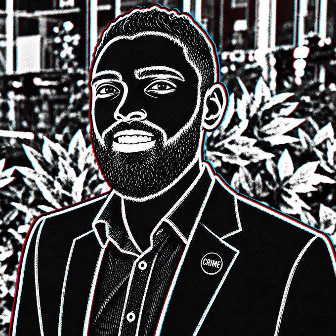 A stylized black, white, and red illustration of a smiling bearded man in a suit wearing a 'CRIME' button pin.