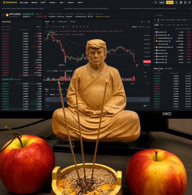 In this image, there are two wooden statues of a man sitting next to two red apples placed on a desk near a computer monitor displaying stock market data. The stock market information shows that there has been a significant decline in the value of some stocks in the past few days. The political cartoon in the background seems to be unrelated to this economic situation and might be an attempt to distract from the downward trend shown by these financial instruments on the screen.