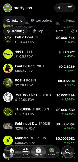 A mobile app screenshot showing a trending tokens list including 'Bull in Hood BIH', 'Pnut In Hood PNUT', 'ROBIN ROBIN', 'You Only Live O... YOLO', and 'THROBBIN THROBBIN' which is up 3,550%.