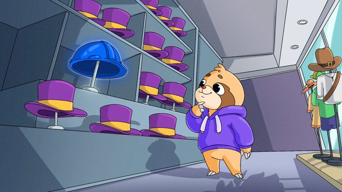 A cartoon illustration of a Shiba Inu character in a purple hoodie contemplating a glowing blue hat in a hat shop filled with purple top hats.