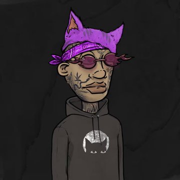 A cartoon-style NFT illustration of a character wearing a purple bandana, round sunglasses, and a black hoodie with a bat logo.