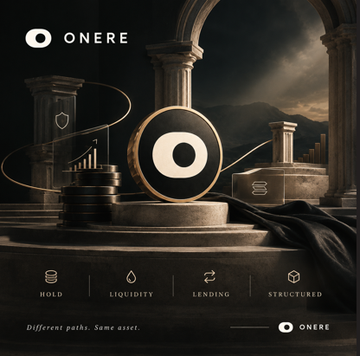 A promotional graphic for 'ONERE' features a circular logo on a pedestal with gold rings, columns, and stacked coins, alongside labels for "HOLD," "LIQUIDITY," "LENDING," and "STRUCTURED."