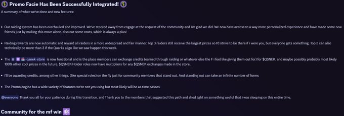 A Discord announcement titled 'Promo Facie Has Been Successfully Integrated!' detailing new features for the nF WIN raid system including raid rewards, a quark store for $2NEX, and updated rewarding mechanics.