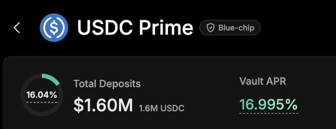 A financial app screenshot showing 'USDC Prime' labeled as 'Blue-chip' with a 16.04% Total Deposits rate ($1.60M / 1.6M USDC) and a Vault APR of 16.995%.