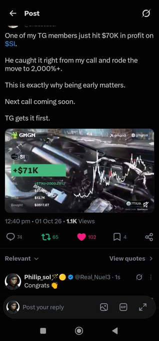 A social media post boasts of a $70K profit on $SI, showing a trading screenshot displaying a +$71K gain and a rising candlestick chart.