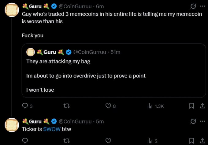 A tweet from @CoinGurruu shows the KOL responding defensively to critics attacking their "bag," declaring "I won't lose" and revealing the ticker as $WOW, illustrating the post's point about influencers fumbling while promoting $WOW despite missing $GP.