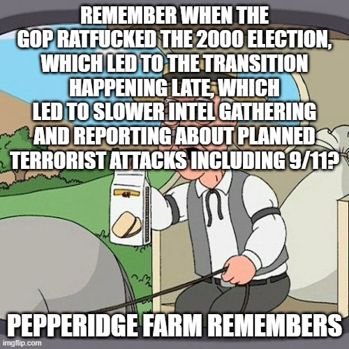 A "Pepperidge Farm Remembers" meme shows a cartoon farmer offering a cookie, with text referencing how the GOP's 2000 election dispute delayed the presidential transition and slowed intelligence reporting ahead of 9/11. The image fits the post's reminder to step away from the markets, as it recalls a historical event unrelated to trading and encourages reflection beyond the charts.