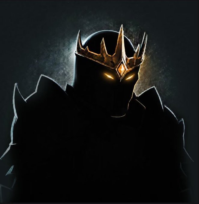 A dark, shadowy illustration of a figure wearing a golden crown with glowing yellow eyes.
