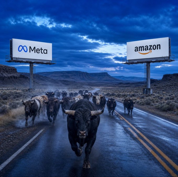 A surreal composite image shows a herd of bulls charging down a wet desert road beneath billboards displaying the 'Meta' and 'amazon' logos.