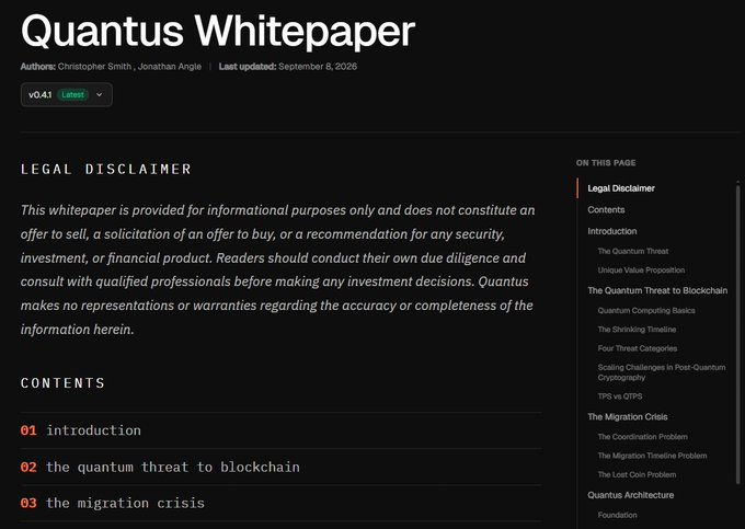 The image shows the Quantus Whitepaper (v0.41 Latest) by authors Christopher Smith and Jonathan Angle, last updated September 8, 2026, featuring a legal disclaimer, contents list, and navigation sidebar for sections like "The Quantum Threat," "The Migration Crisis," and "Quantus Architecture." This technical document provides the foundational information behind the @QuantusNetwork project mentioned in the post, which announces upcoming GPU-based mining and trading activities.