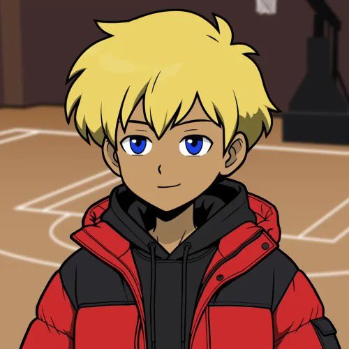 Anime-style illustration of a young boy with blonde hair and bright blue eyes, wearing a red puffer jacket over a black hoodie, standing on an indoor basketball court.
