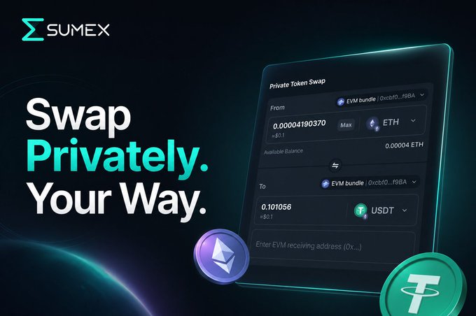 SUMEX advertisement promoting 'Swap Privately. Your Way.' featuring a Private Token Swap interface converting ETH to USDT with ETH and Tether logos.