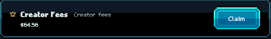 A dark digital interface displays "Creator Fees" with a gold crown icon and an amount of "$64.56" in pixelated text, alongside a blue "Claim" button on the right. The image illustrates the post's claim about earning $64 from creating races in Gigaverse, showing the actual accumulated creator fees available to claim.