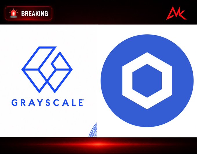 A 'BREAKING' news graphic showing the Grayscale logo and a blue circle logo with a hexagon design, representing cryptocurrency-related breaking news.