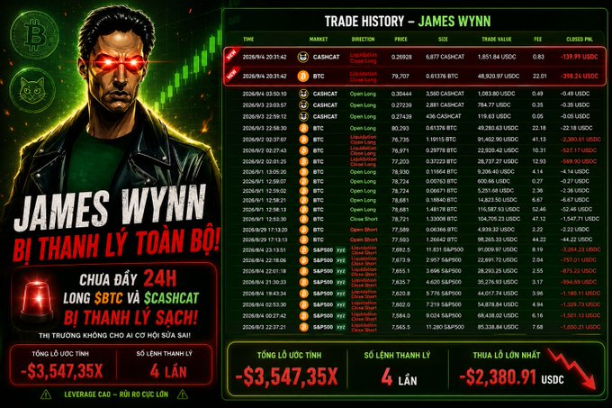 A dark, dramatic infographic about crypto trader James Wynn showing his 'TRADE HISTORY' with massive losses totaling -$3,547.35X after 24 hours, featuring liquidations of $BTC and $CASH/CAT pairs with warnings about leverage and 'RỦI RO CỰC LỚN' (extreme risk).