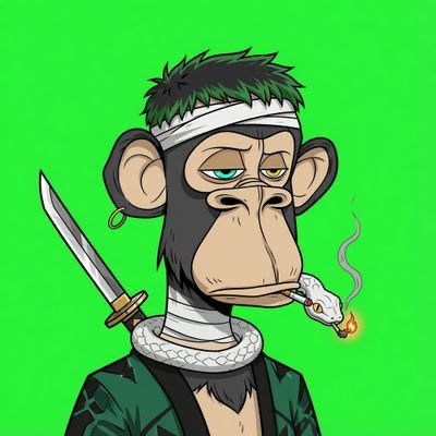 A cartoon illustration of a serious-looking monkey with green hair wearing a headband and bandages, holding a knife and smoking a cigar against a bright green background.
