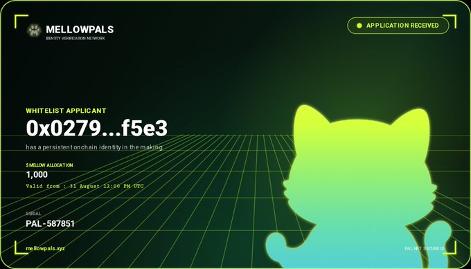 A digital receipt from MELLOWPALS Identity Verification Network confirming an eList application for wallet 0x0279...f5e3 with a $MELLOW allocation of 1,000, valid from August 1 to 12:00 PM UTC.