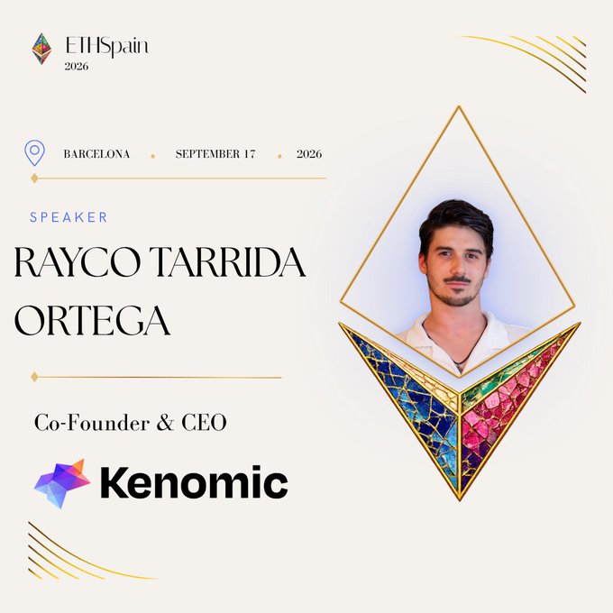 A promotional graphic for EHSpain 2026 in Barcelona, highlighting speaker Rayco Tarrida Ortega, Co-Founder & CEO of Kenomic, with a stylized geometric portrait frame.