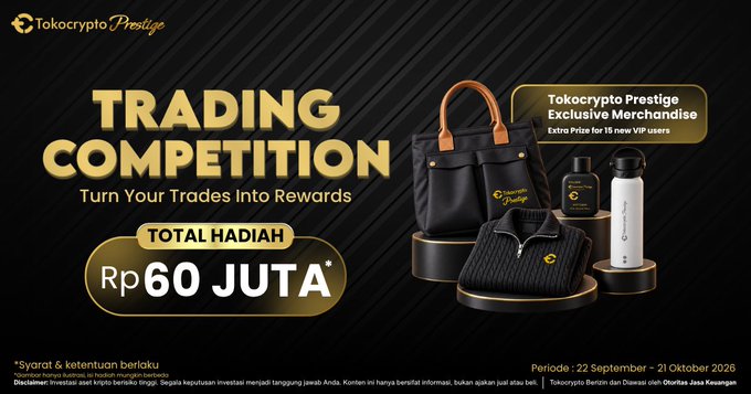 A promotional banner for the Tokocrypto Prestige Trading Competition advertises up to Rp60 million in total prizes and exclusive merchandise for the top 15 new VIP users, running from September 22 to October 21, 2026. The image features a black tote bag, folded apparel, and a branded water bottle displayed alongside the bold gold competition title "Turn Your Trades Into Rewards."