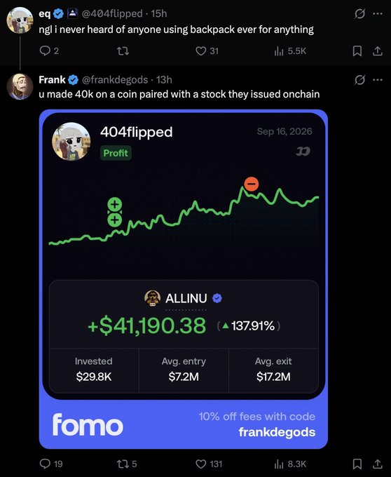 A screenshot of Twitter/X posts by @404flipped and @frankdegods discussing crypto profits, featuring a Fomo trading card showing a +$41,190.38 profit (137.91%) for 'ALLINU' with promo code 'frankdegods'.