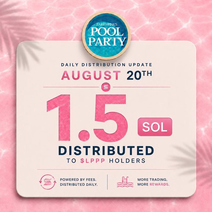A pink promotional graphic for 'Larry Pink's POOL PARTY' announcing a 'DAILY DISTRIBUTION UPDATE' for August 20th, stating '1.5 SOL DISTRIBUTED TO $LPPP HOLDERS'.