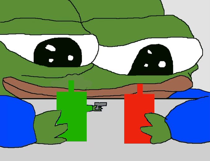 A drawing of a Pepe the Frog character wearing a blue shirt holds two large bottles labeled 'D' in green and red, with a small gun visible on the table.