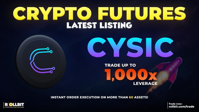 A promotional banner from Rollbit advertises the new listing of Cysic (CYS) crypto futures, highlighting up to 1,000x leverage and instant order execution on over 60 assets, aligning with the post's announcement of the new tradable coin.