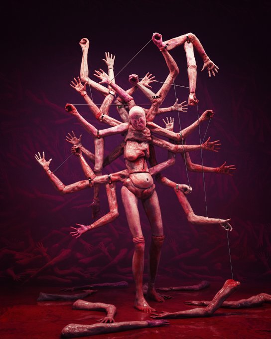 This macabre image depicts a marionette-like figure constructed from multiple limbs, appearing to be controlled by strings, making it a fitting visual for the "Golem (2025)" posting.
