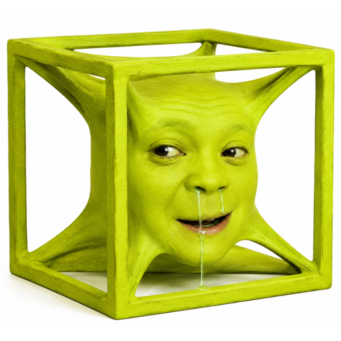 A surreal digital artwork depicting a green-tinted human face trapped inside a yellow-green cubic wireframe, with viscous green fluid dripping from its nose and mouth.