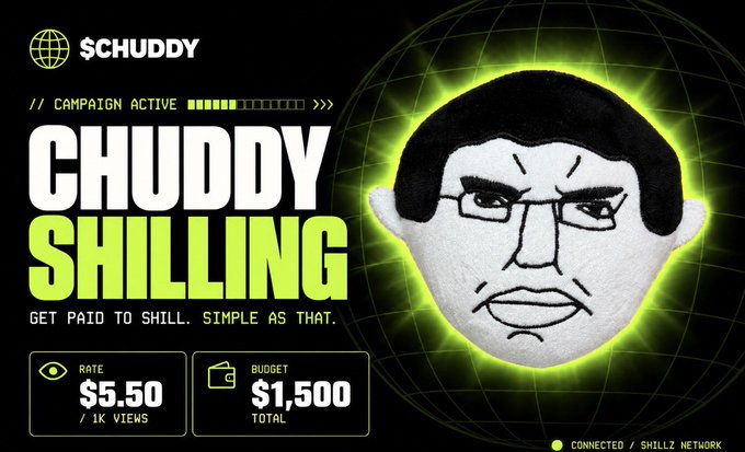 A promotional graphic for '$CHUDDY' advertising a 'CHUDDY SHILLING' campaign at $5.50 per 1K views with a $1,500 total budget, featuring a felt doll character.