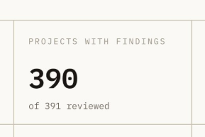 A dashboard widget displays 'PROJECTS WITH FINDINGS: 390 of 391 reviewed' in large bold numerals.