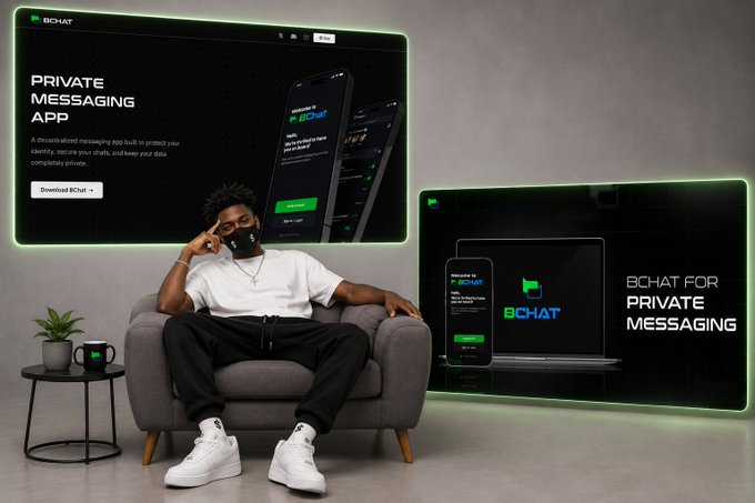 A promotional image for the 'BCHAT' private messaging app shows a man wearing a branded mask sitting in a chair, surrounded by mockups of the app interface on phones and a laptop.