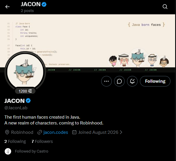 A Twitter/X profile page for 'JACON @JaconLab' describes 'The first human faces created in Java' with examples of Java-born face characters.