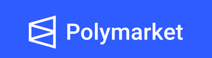 A blue logo banner displays a geometric icon alongside the text 'Polymarket' in white.